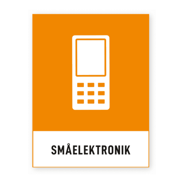 Småelektronik-skylten har storleken 74x97mm och tillverkas i materialet Dekal. Denna standardskylt kan anpassas så att du kan skapa din egen version av skylten.