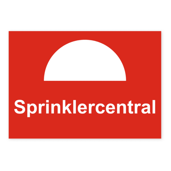 Sprinklercentral-skylten har storleken 210x148mm och tillverkas i materialet Dekal. Denna standardskylt kan anpassas så att du kan skapa din egen version av skylten.