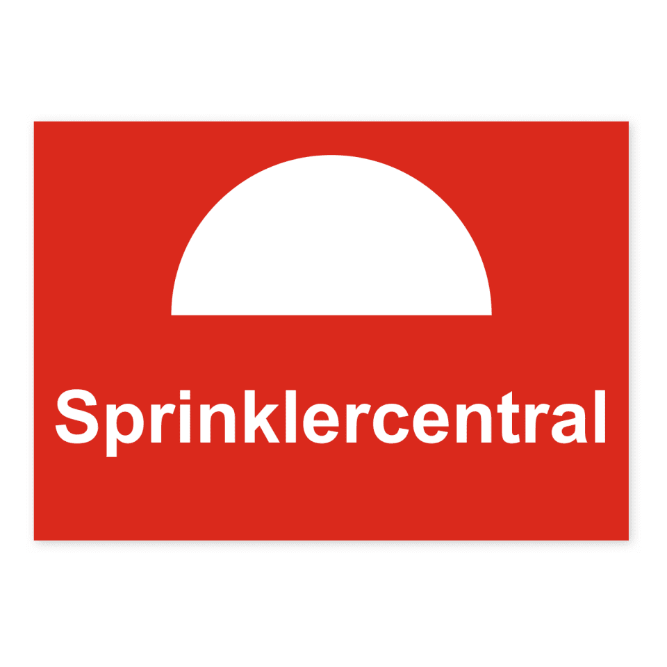 Sprinklercentral-skylten har storleken 210x148mm och tillverkas i materialet Dekal. Denna standardskylt kan anpassas så att du kan skapa din egen version av skylten.