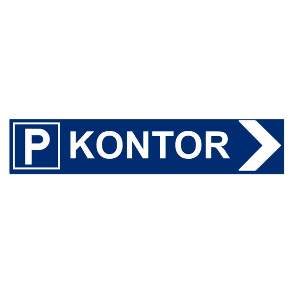 Parkering kontor pil höger-skylten har storleken 750x150mm och tillverkas i materialet aluminium 2mm plan. Denna standardskylt kan anpassas så att du kan skapa din egen version av skylten.