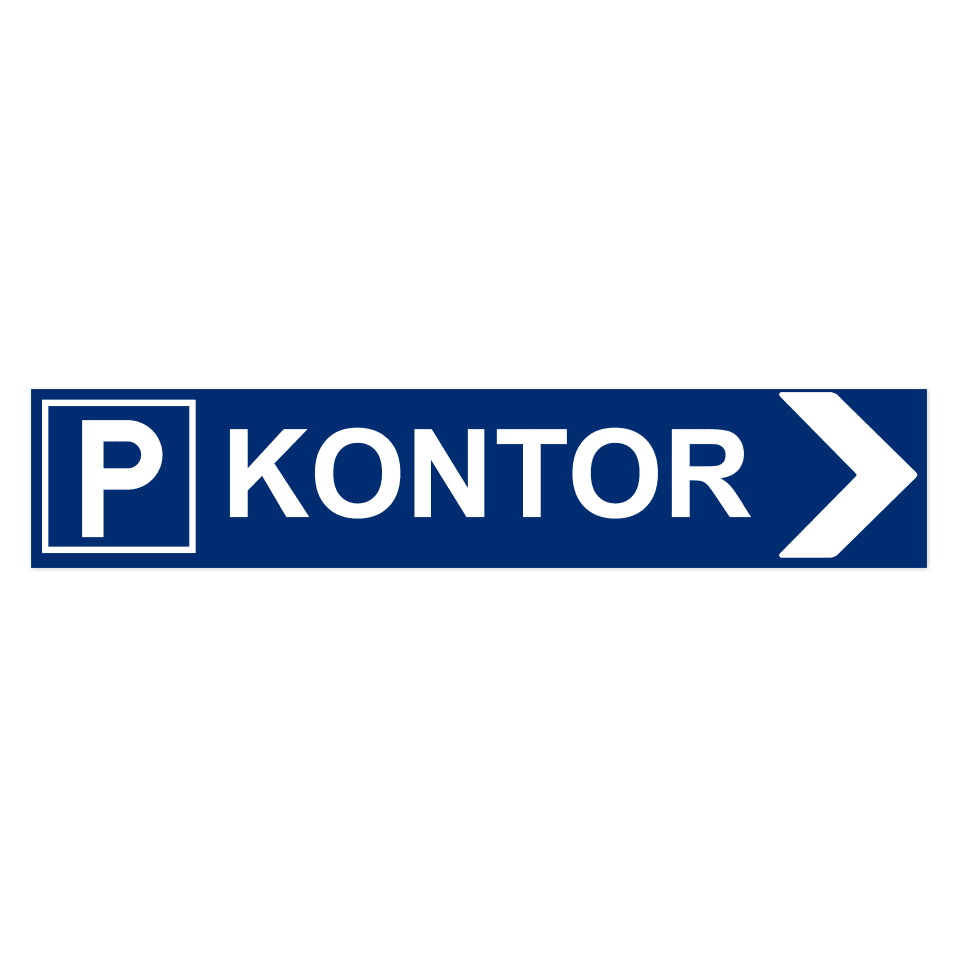 Parkering kontor pil höger-skylten har storleken 750x150mm och tillverkas i materialet aluminium 2mm plan. Denna standardskylt kan anpassas så att du kan skapa din egen version av skylten.