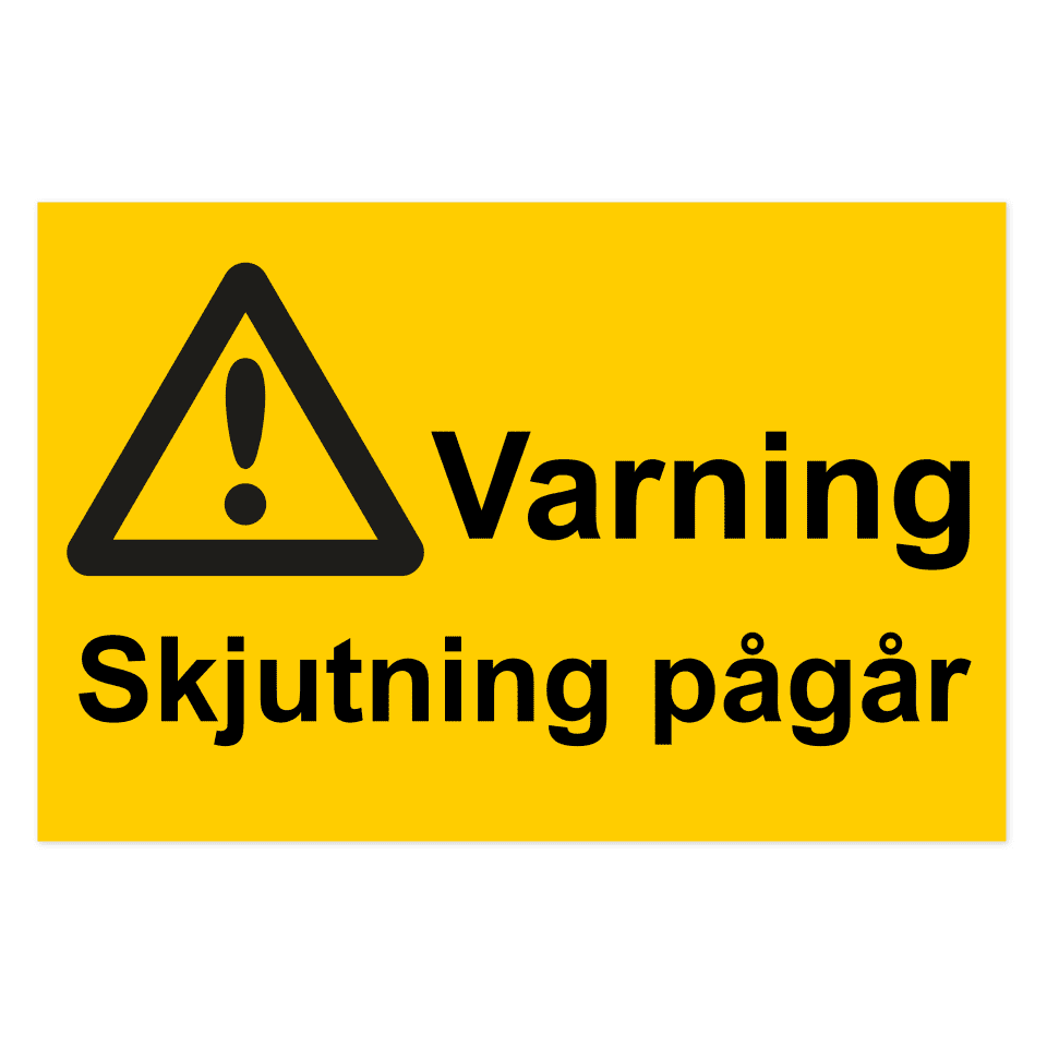 Varning, skjutning pågår-skylten har storleken 500x330mm och tillverkas i materialet Aluminium 2mm 4-kantsvikt. Denna standardskylt kan anpassas så att du kan skapa din egen version av skylten.
