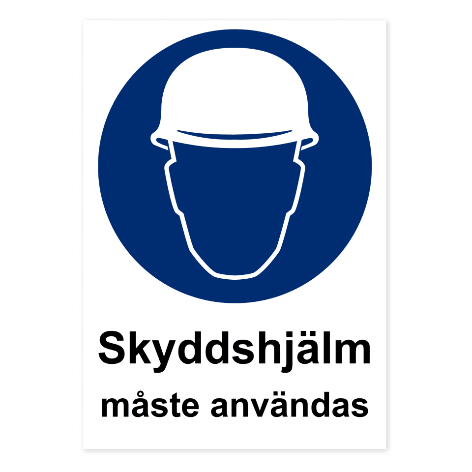Skyddshjälm måste användas-skylten har storleken 210x297mm och tillverkas i materialet Aluminium 0.7mm. Denna standardskylt kan anpassas så att du kan skapa din egen version av skylten.