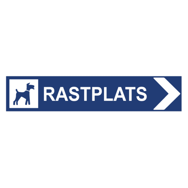 Rastplats hundar pil höger-skylten har storleken 750x150mm och tillverkas i materialet Aluminium 2mm Plan. Denna standardskylt kan anpassas så att du kan skapa din egen version av skylten.