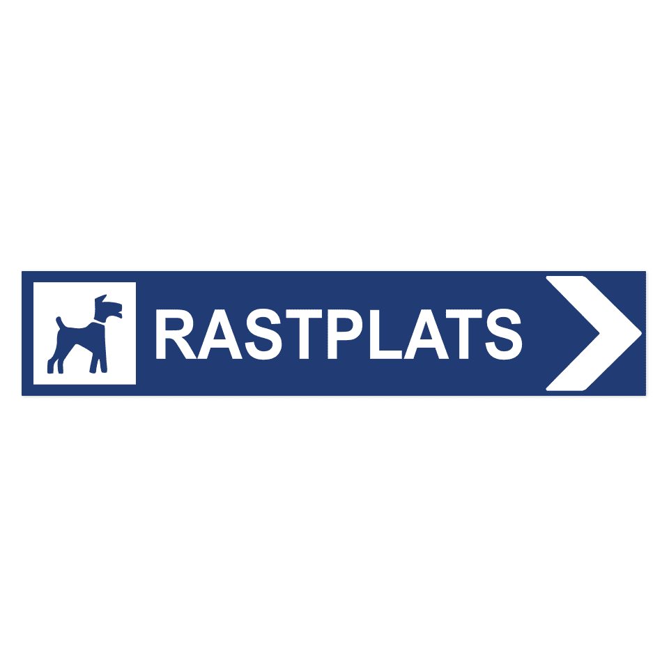 Rastplats hundar pil höger-skylten har storleken 750x150mm och tillverkas i materialet Aluminium 2mm Plan. Denna standardskylt kan anpassas så att du kan skapa din egen version av skylten.