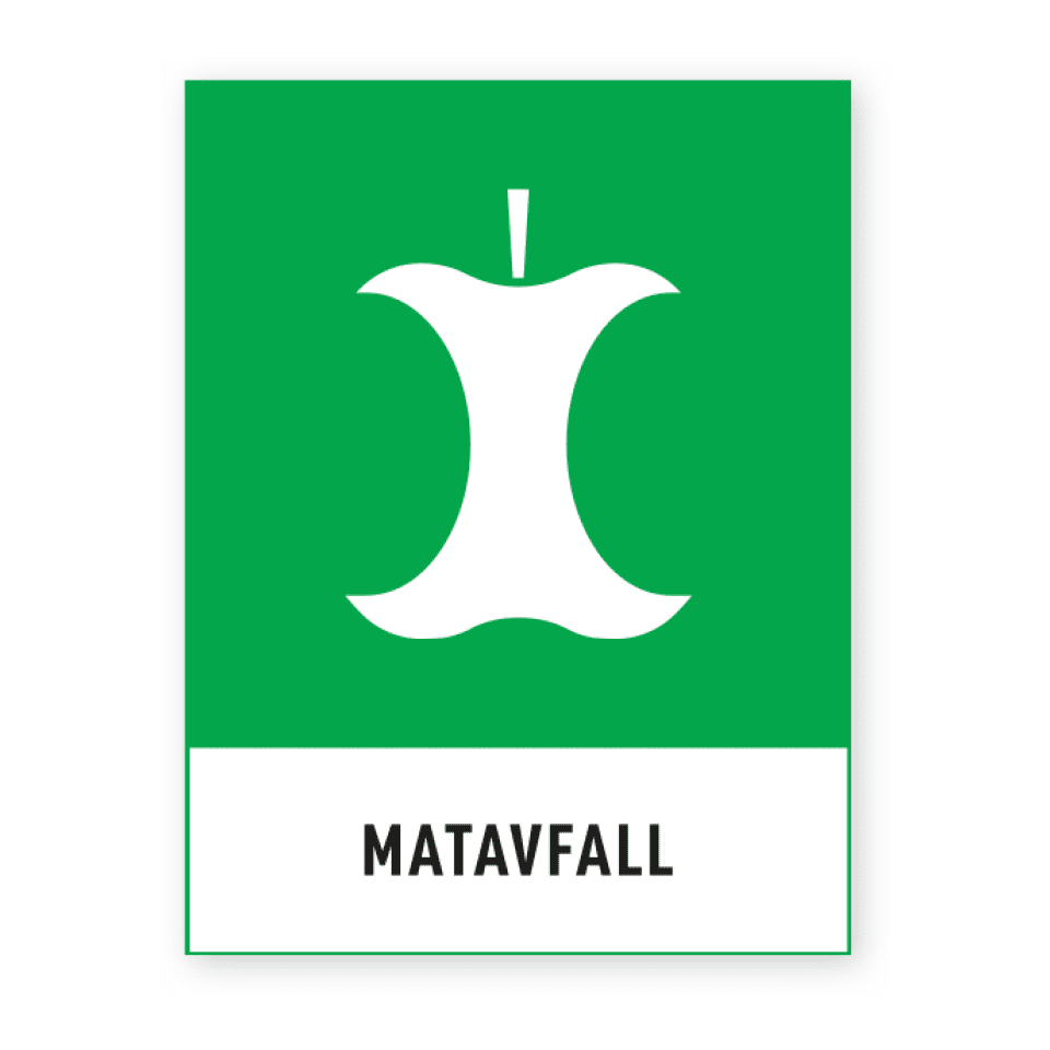 Matavfall-skylten har storleken 74x97mm och tillverkas i materialet Dekal. Denna standardskylt kan anpassas så att du kan skapa din egen version av skylten.